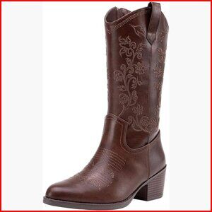 Women's Embroidered Western Boots, Mid-Calf Chunky Heel, Inside Zipper